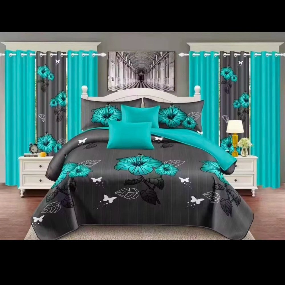 Light Luxury 9 Piece Multi Pin Set Soft Embroidery Print Bedsheets Curtains K/Q